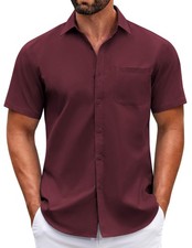 Mens Stretch Dress Shirts Wrinkle Free Short Sleeve Button Up Shirts Wine Red