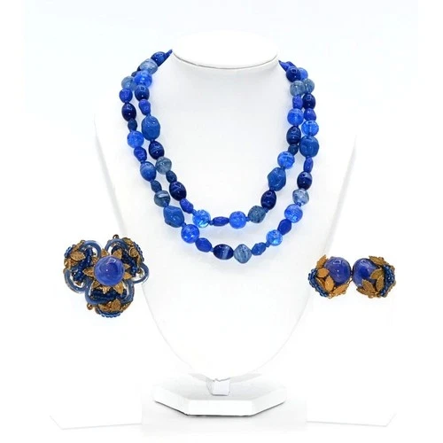 Miriam Haskell Signed Cobalt Blue Glass Bead Necklace & Earrings Set 1950s