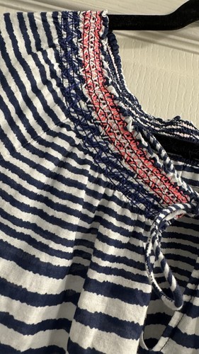 VINEYARD VINES shirt navy/white STRIPE size M peasant SMOCKED tassels short slv - Picture 3 of 6