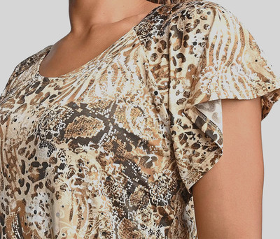 BRITANY BLACK Brown Animal Stretch Flutter Sleeve Blouse with Sequins Size 2X