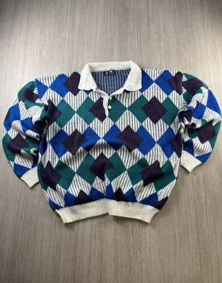 Vintage Herren Argyle Strick Polo Pullover Pulli Baumwollmischung M Retro 90s Italy