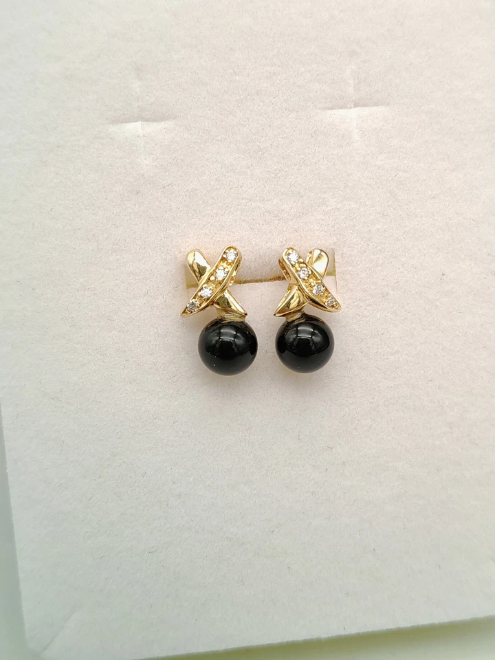 Orecchini donna pallino nero vera agata argento 925 plac oro giallo elegante - Immagine 2 di 4