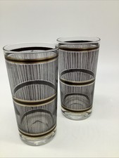 2 Vintage Georges Briard 22K Gold Band  Black Lines Highball Glasses