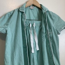 J Crew Pajama Set Women XXS Cotton Poplin Button Pant Green Stripe Classic prep