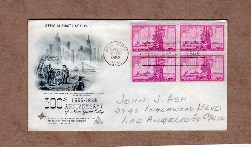 1953 #1027 NEW YORK CITY 300TH ANNIV. BLOCK OF 4 FDC W/ ART CRAFT CACHET GEM!