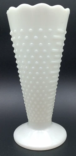 Vintage Anchor Hocking Milk Dot Dash Glass Hobnail Scalloped Trumpet Vase Footed