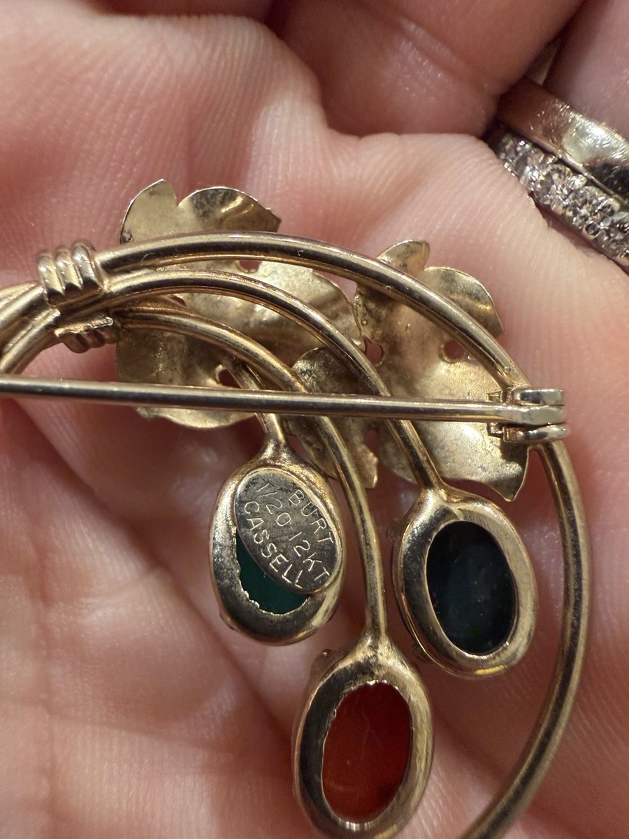 Vintage Burt Cassell Scarab Brooch 12K Gold Filled Carved Stone Floral Pin View 3