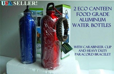 TWO (2) FOOD GRADE ALUMINUM WATER BOTTLES ECO CANTEEN w/CARABINEER CLIP PARACORD