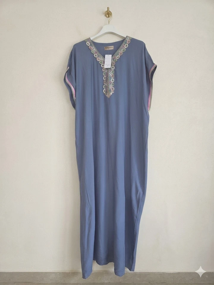 Gandoura chic en coton XL Bleu gris Broderie raffinée NEUVE - Photo 2/4