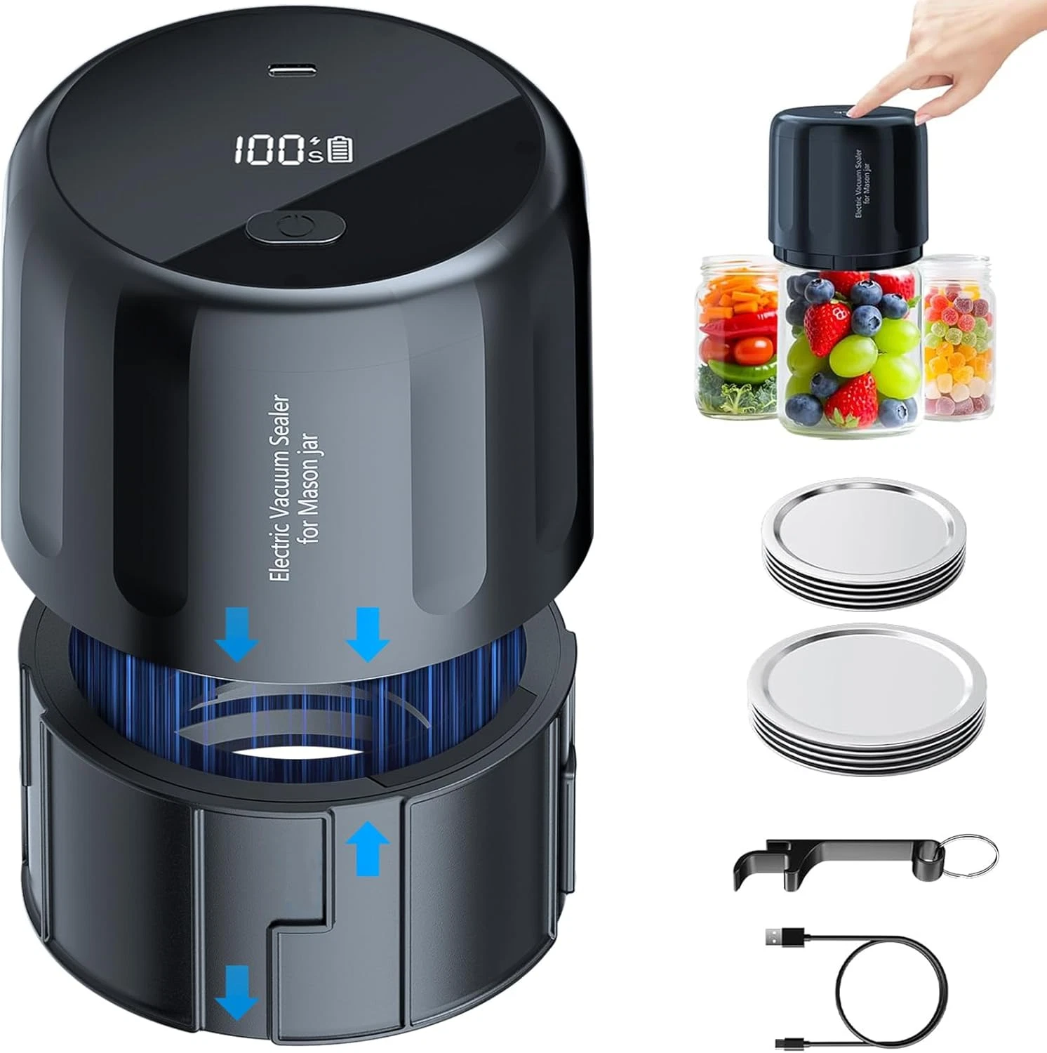 Upgraded Auto Stop Electric Mason Jar Vacuum Sealer Kit (Lids Included) for Wide
