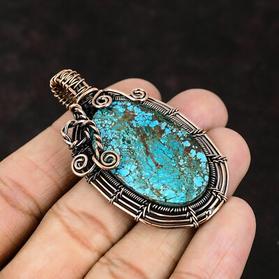 Tibetan Turquoise Jewelry Copper Gift For Love Wire Wrapped Pendant 2.48''