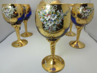 MURANO Venice Italy Blue Glass Decanter Set 5 Wine Glasses