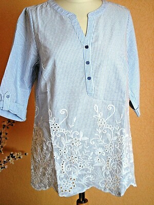 Schlupfbluse,Tunika v.Gina Laura,Gr.S,38,aufwend.Stickerei,3/4 Arm,blau/weiß, X5