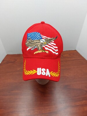 Bald Eagle USA Flag Strap Back Hat Red Cap