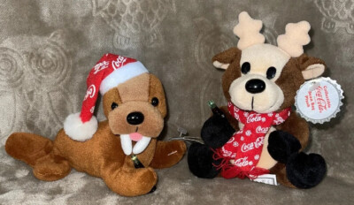(2) 1998 Coca Cola Bean Bag Plush s Walrus & Reindeer 5.5  In. w/Hat & Scarf NWT