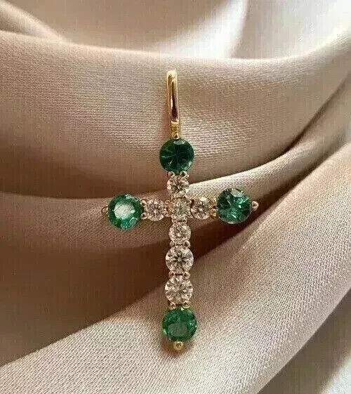 2.50Ct Round Simulated Emerald Cross Pendant in 14K Yellow Gold Plated for Women  