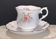Vintage Crown Staffordshire Bone China Tea Cup  Saucer Peach Flowers on White