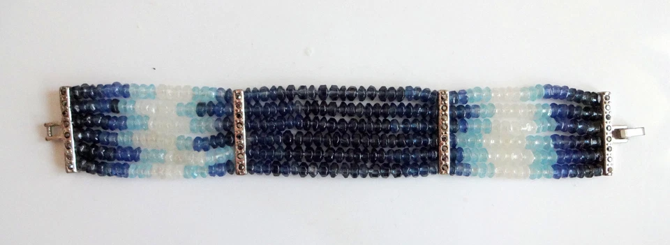 MONET Vtg Multi Strand Silver Tone 3 Color Blue Glass Jewelry Unusual Rare 7.5" - Image 2 of 4