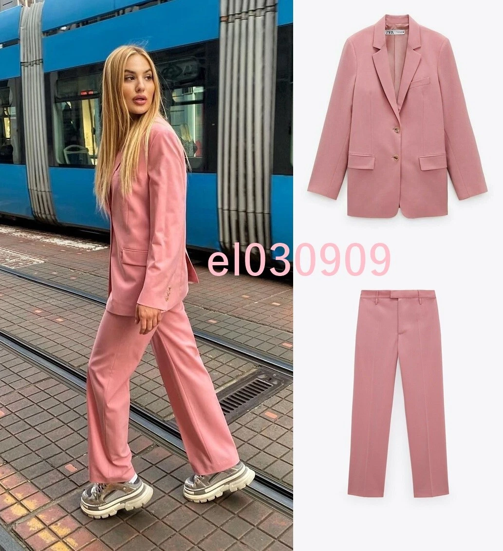 ZARA WOMAN PINK BLAZER WITH POCKETS AND MATCHING STRAIGHT TROUSERS PANTS  SET L