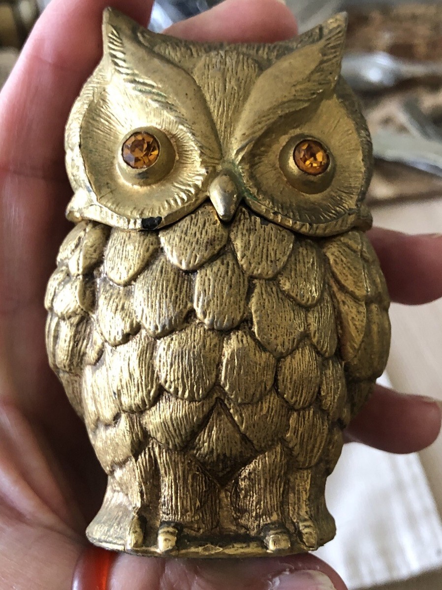 Vintage Gold Tone Owl Desk Lighter Yellow Jewel Eyes Signed Vintage Gold Tone Owl Desk Lighter Yellow Jewel Eyes Signed