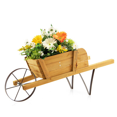Topbuy Flower Pot Wheelbarrow Planter Solid Pine Wood Wagon Planter w/