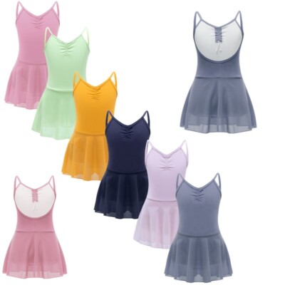 DE Kinder Mädchen Tanzbekleidung Lyrisch Kleid Ärmellos Trikots Latein Rock Tutu
