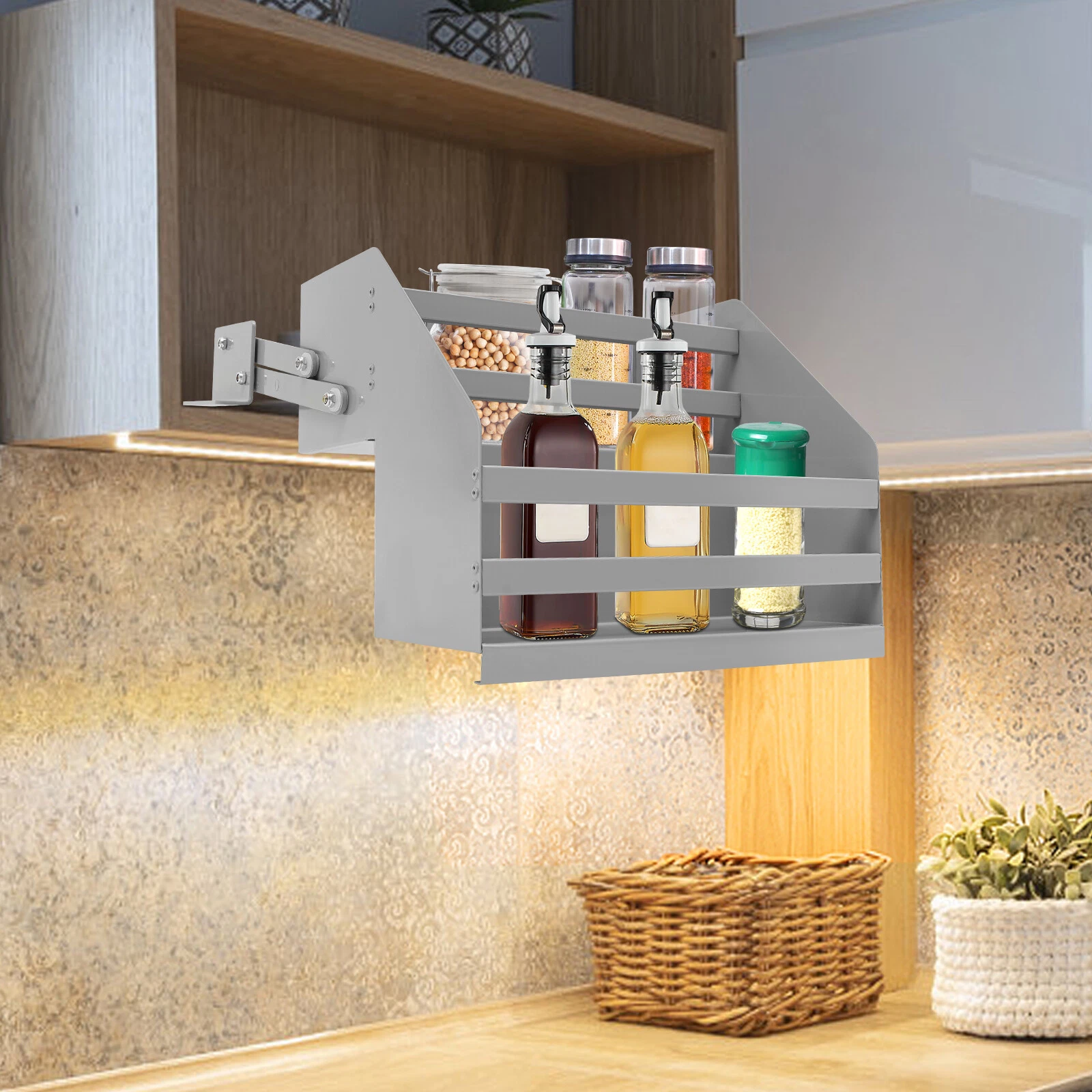 Pull Down Cabinet Organizer 2 Tier Pull-Out Cabinet Wall Shelf Spice Dishes Rack