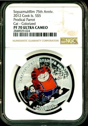 2012 Cook Islands S$5 Soyuzmultfilm Prodigal Parrot Cat NGC PF70 UC Box COA OGP