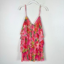 Zara Pink Floral Print Mesh Tulle Tiered Layered Ruffle V Neck Mini Dress