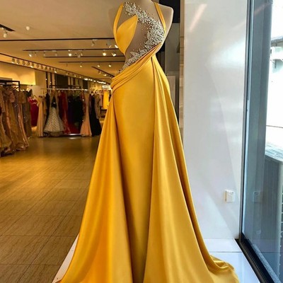 Luxury Mermaid Evening Dresses Yellow Beaded Lace Appliques Sexy Prom Gowns
