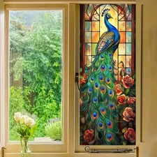 Stained Glass Window Film 17.7x39.3 inch Floral Rose Peacock Window Privacy F...
