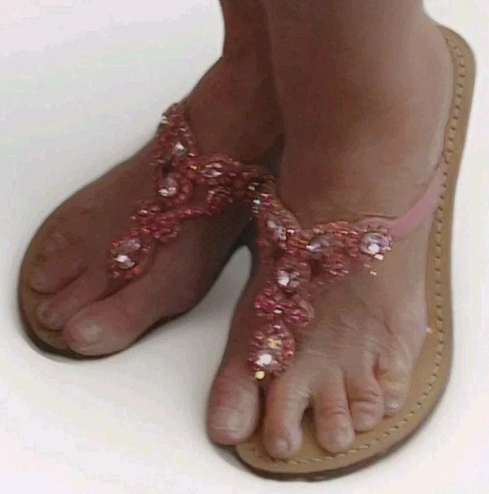 Sandalias Mystique Mujer Brillante Rosa Cristal Joya Cuero Tostado Tanga Deslizables Talla 8 Foto 2 de 4