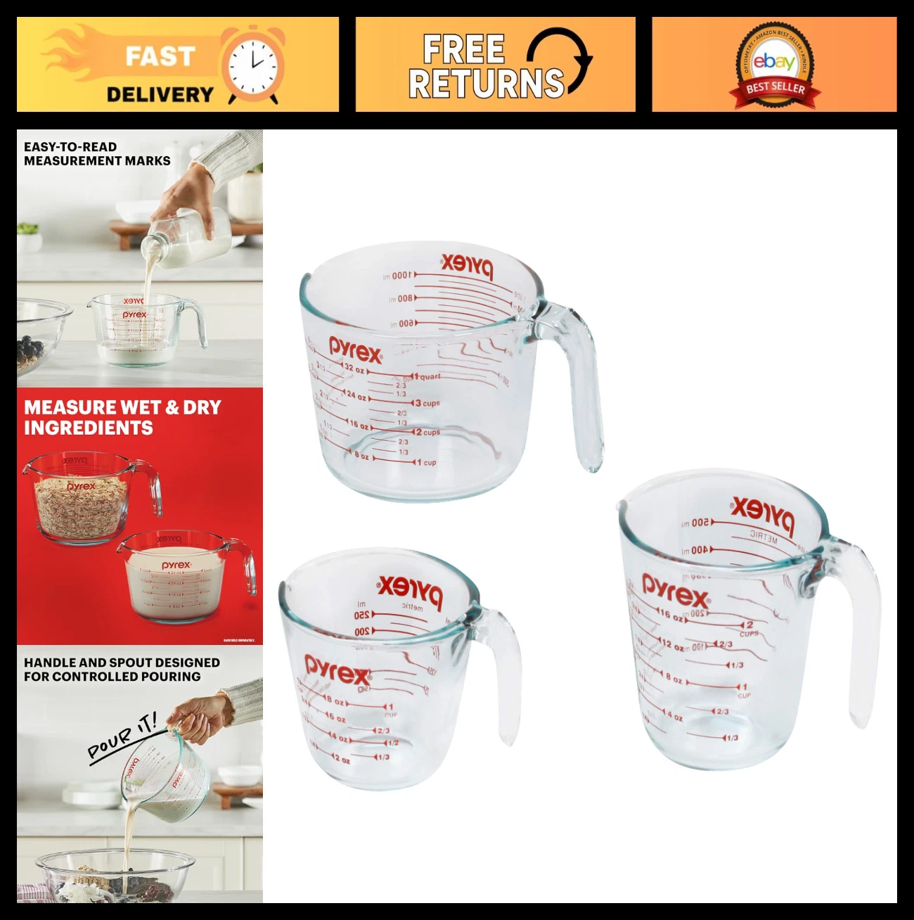 3-Pack Glass Measuring Cups Set - 1, 2 & 4 Cup - Oven, Dishwasher, Microwave Saf