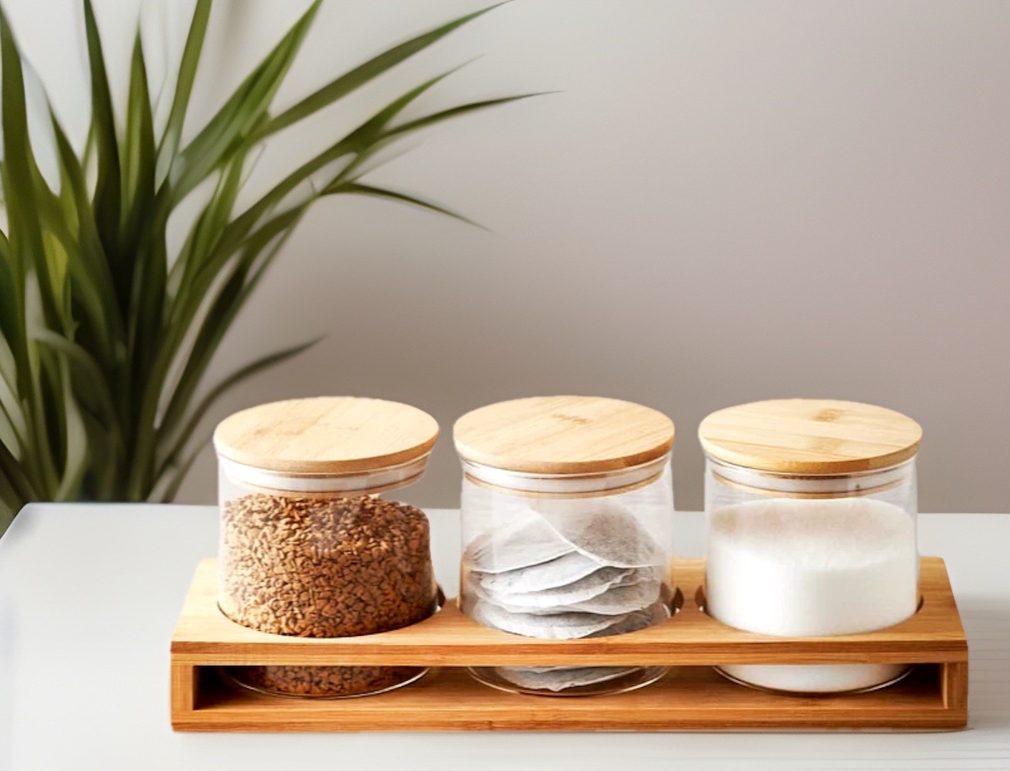 Set Of 3 Glass Coffee Tea Sugar Jars Canisters With Bamboo Stand Kitchen Storage