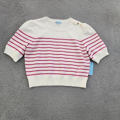Draper James Sweater Womens XXL White Pink Stripe Short Sleeve Cropped Knit NWT