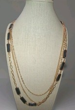 Gold Tone Necklace Asymmetrical Black Rectangular Links 3 Strand Long Classic