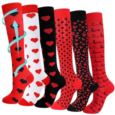 6 Pairs Valentine's Day Heart Compression Knee High Socks 2030mmhg Women Gift