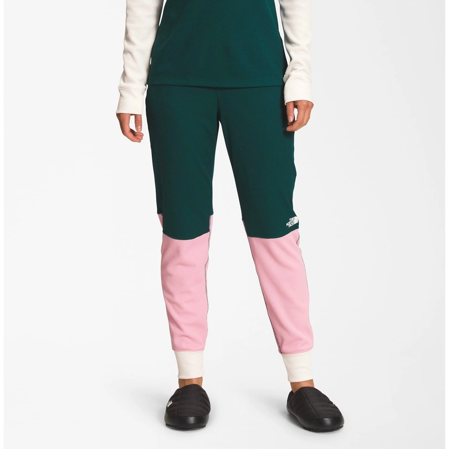 The North Face Womens waffle Base Layer Pants Colorblock Green Pink Smal