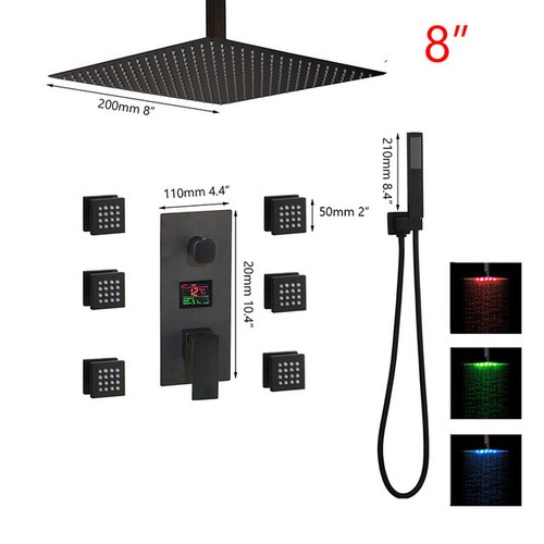 LED Square Shower Head 6 Massage Jets 3-Way Mixer Handheld Shower Tap Kits Black - Picture 15 of 18