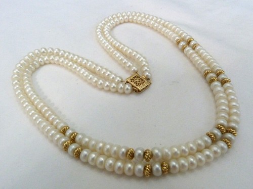 GRASSMAN-BLAKE 14K YELLOW GOLD 3.75MM BEADS 5MM PEARLS 2-STRAND CLASSIC NECKLACE - Picture 2 of 9