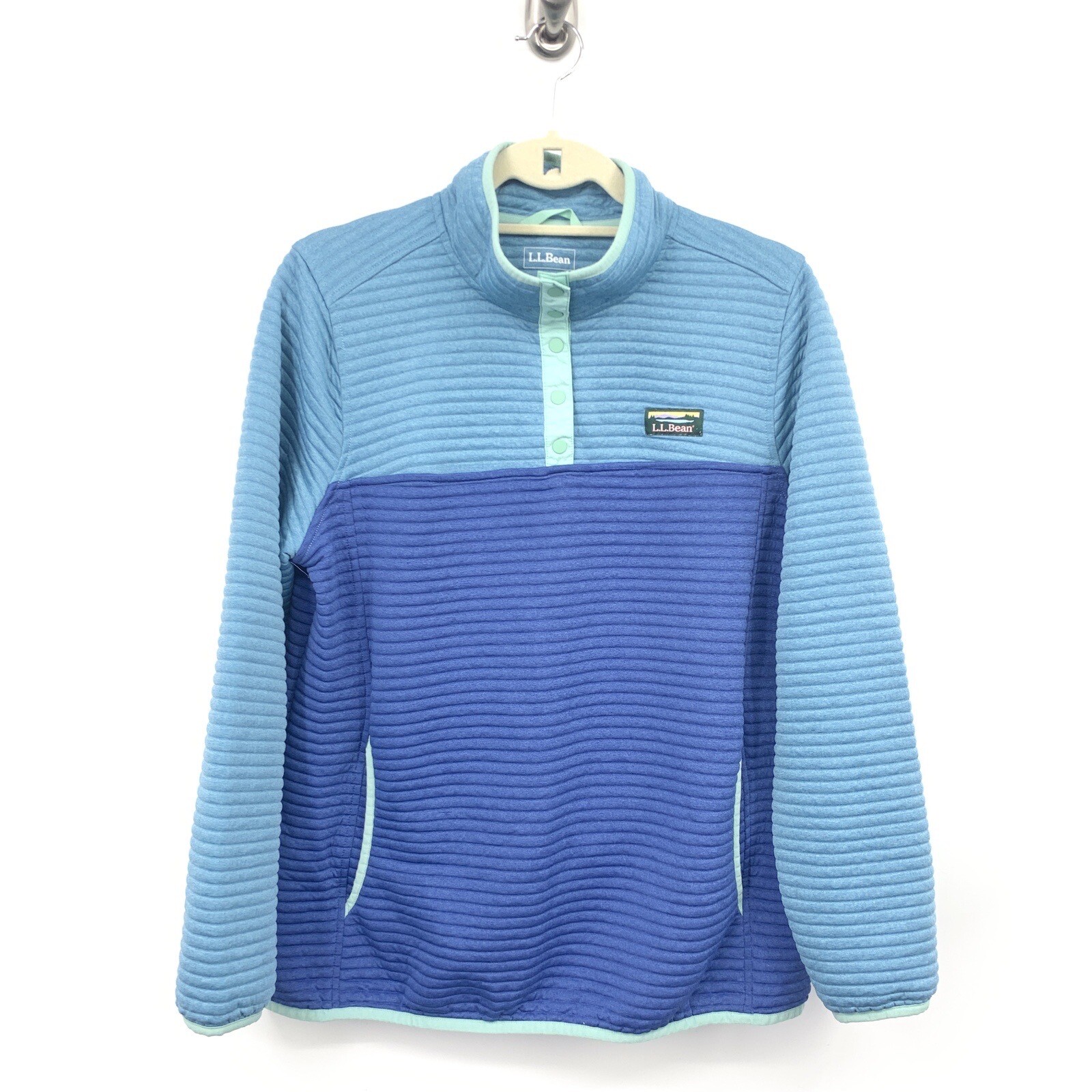 LL Bean Women Size Large Pullover 1/4 Snap Blue Ribbed Airlight