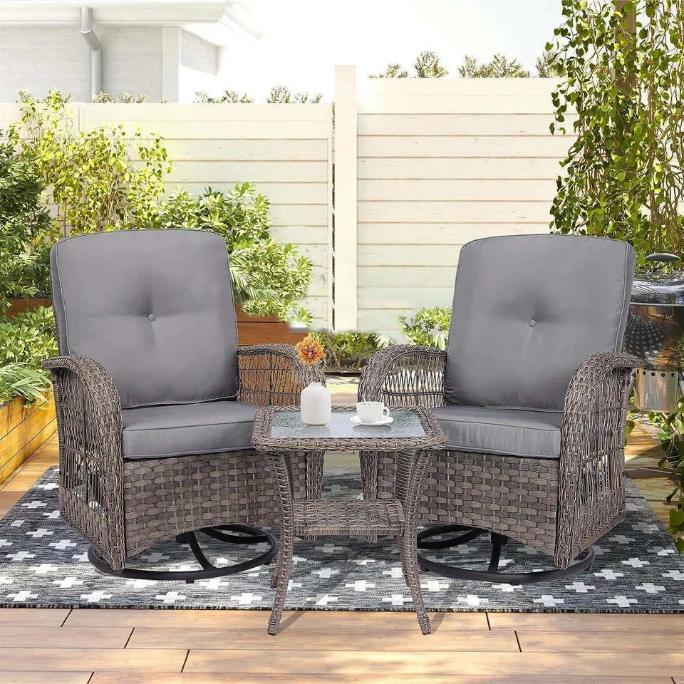 Juego de 3 sillas mecedoras giratorias deslizantes de ratán para patio conversación bistró Foto 3 de 4