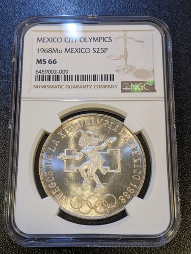 1968 MS66 Mexico Silver 25 Pesos NGC UNC KM 479.1 Olympic Rings Aligned