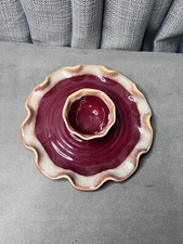 Tumbleweed Pottery Chip Dip Red Bowl Cocktail Veggie Ruffled Edge USA