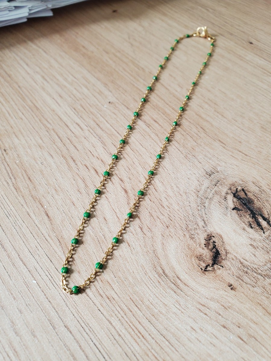 Collier perles résine Vert kaki acier inoxydable or artinal femme 40 cm