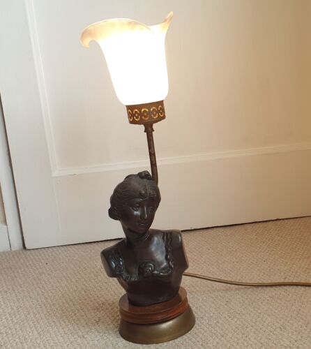 Spelter Lady Bust Lamp Speckled Glass Flower Glass Shade Lamp 2.6kg Vintage - Picture 1 of 12