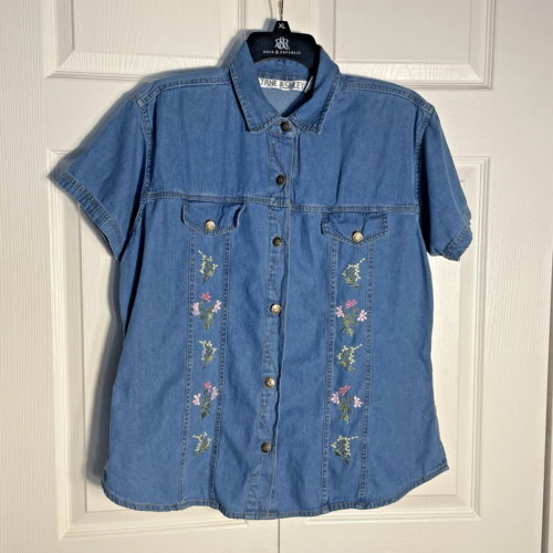 Vintage 90s Jane Ashley Shirt Women Large Blue Embroidered Button Up Denim Top
