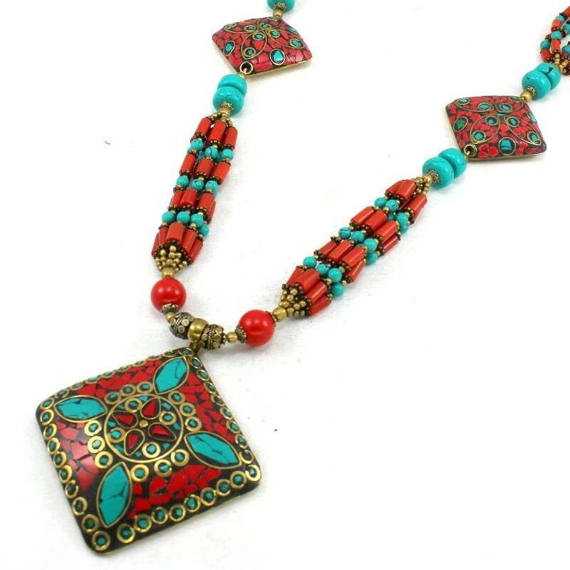 Anhänger Halskette Natur Tibetisch Türkis Rot Quarz Edelstein Handarbeit Perlen - Bild 4 von 4