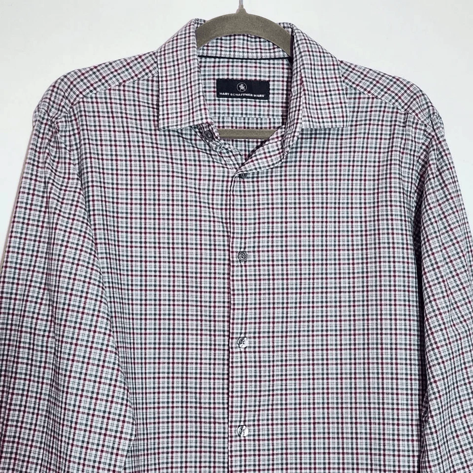 Camisa Hart Schaffner Marx Borgoña y Gris A Cuadros Abotonada Talla Mediana Foto 2 de 4
