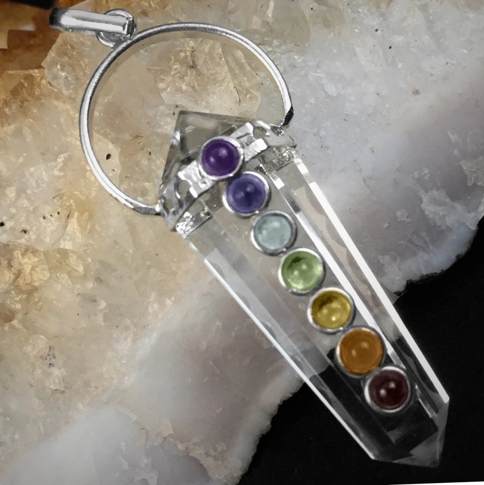 Collar colgante de plata de piedra de 7 chakras doble punta de cristal de cuarzo Reiki curación Foto 3 de 4